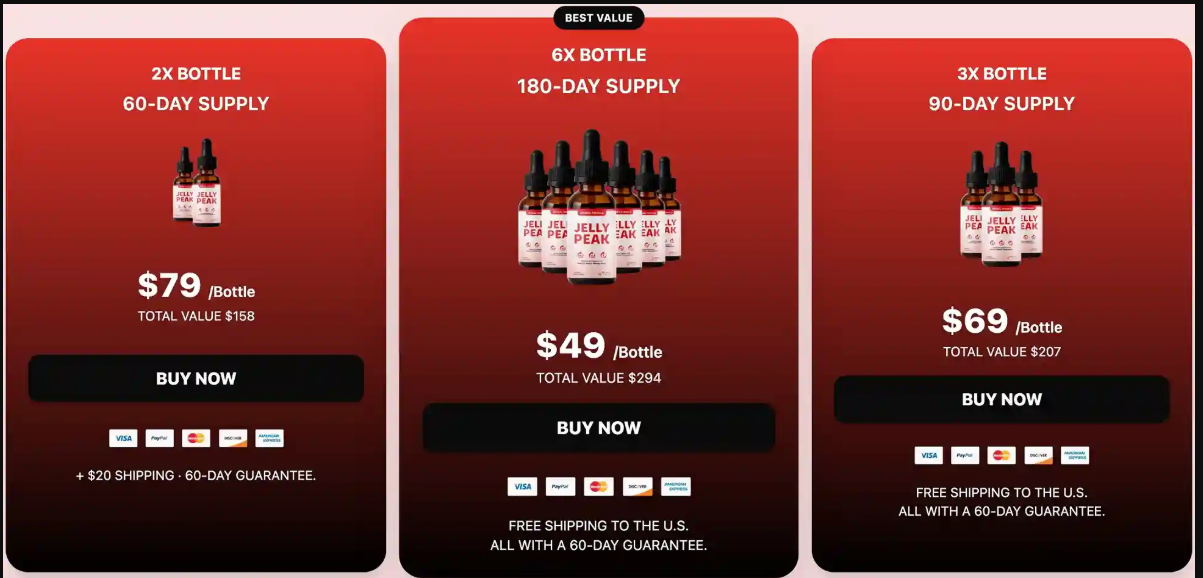 Jellypeak two, three, and six bottle purchase options